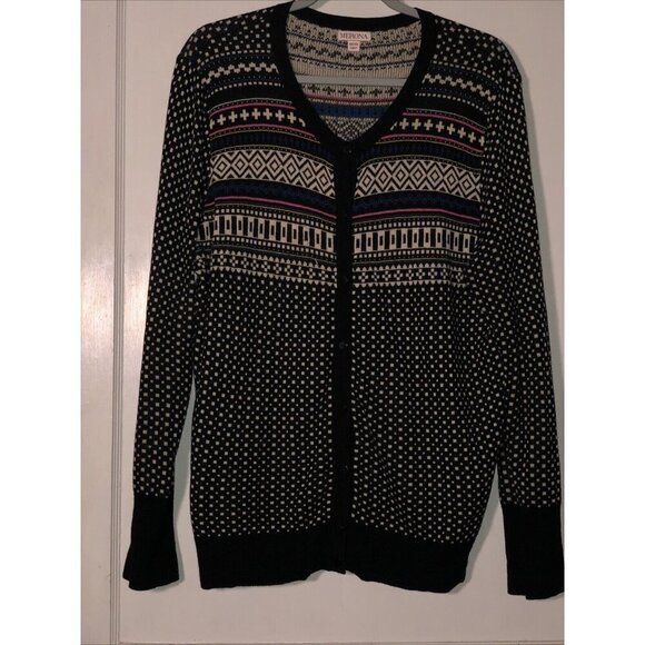 Merona Cardigan Sweater Plus 2X Blue Pink Black Pattern Knit V-Neck Button Front - Picture 1 of 7